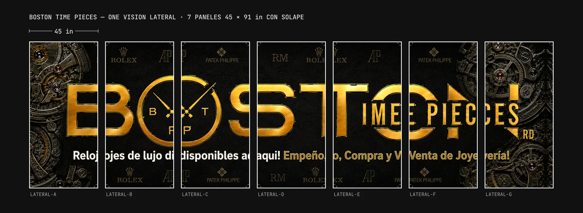 One vision lateral de Boston Time Pieces en 7 paneles de 45 × 91 in